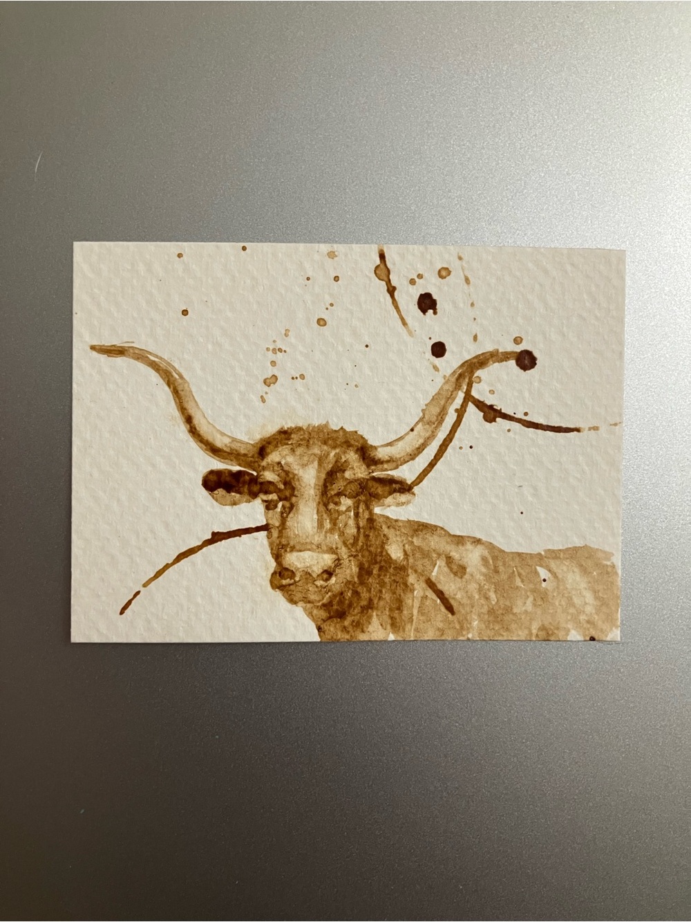ORIGINAL coffee Texas longhorn bull painting aceo cow art western artwork USA
